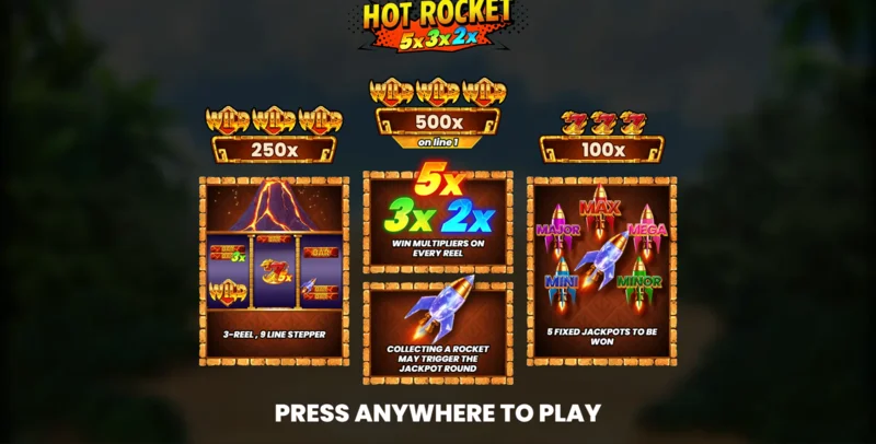 Hot Rocket 5x 3x 2x - menyu kuu yenye reli na kitufe cha kuanza